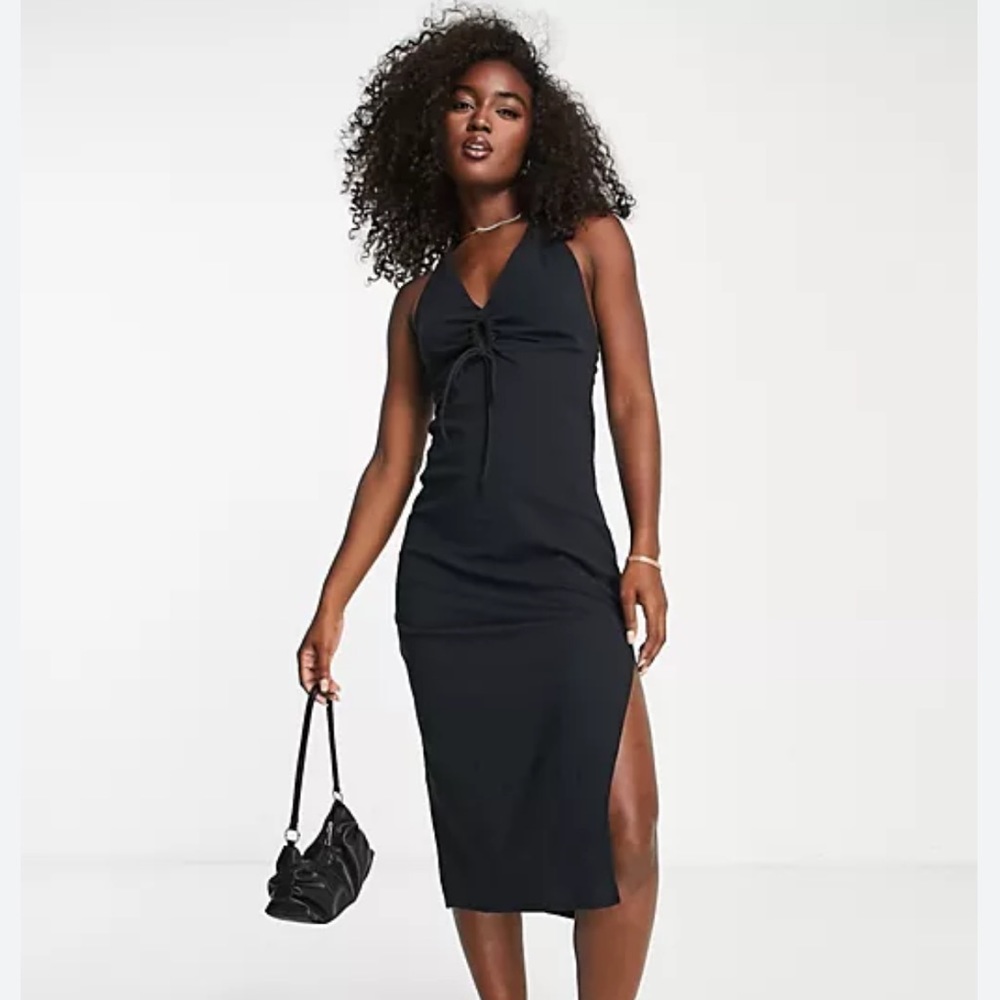 Abercrombie & Fitch plunge o-ring midi dress in black